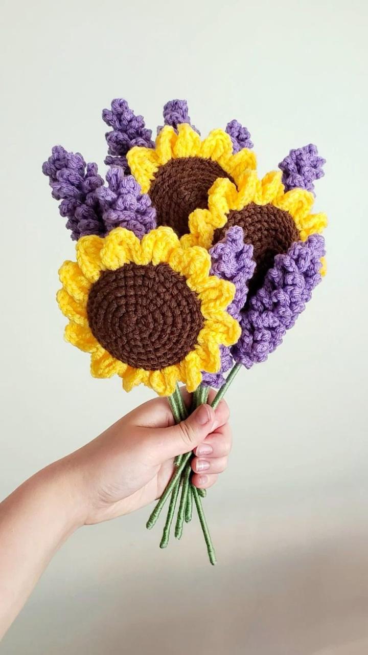 Crochet Sunflower & Lavender Bouquet Handmade Forever Flowers - THE GREEN CHAPTER