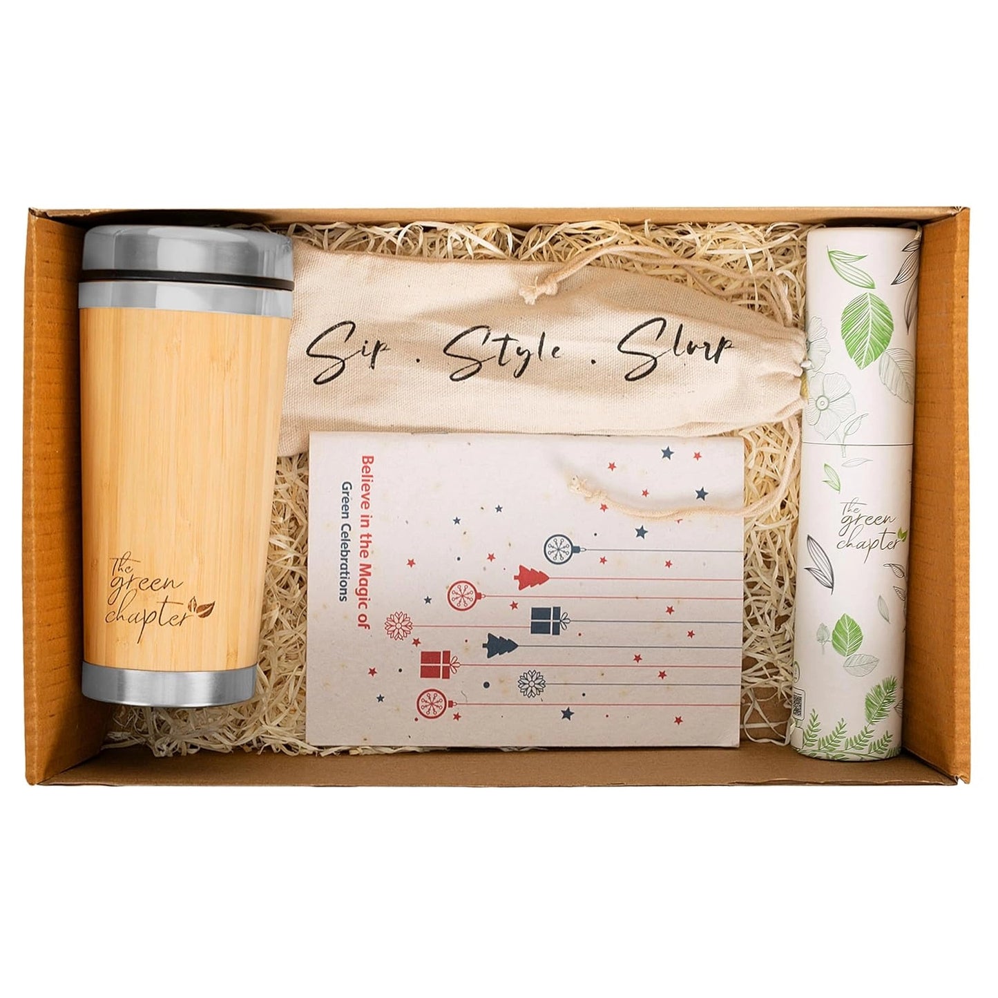 Ecofriendly gift set of Seed Paper Notebook, Travel Pouch with Steel Straws, Bamboo Coffee Travel Mug, and 5 Seed Pens + 5 Seed Pencils Set for Students,office and women colleague - THE GREEN CHAPTER