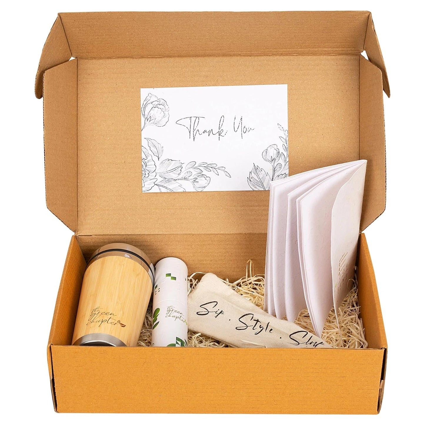 Ecofriendly gift set of Seed Paper Notebook, Travel Pouch with Steel Straws, Bamboo Coffee Travel Mug, and 5 Seed Pens + 5 Seed Pencils Set for Students,office and women colleague - THE GREEN CHAPTER
