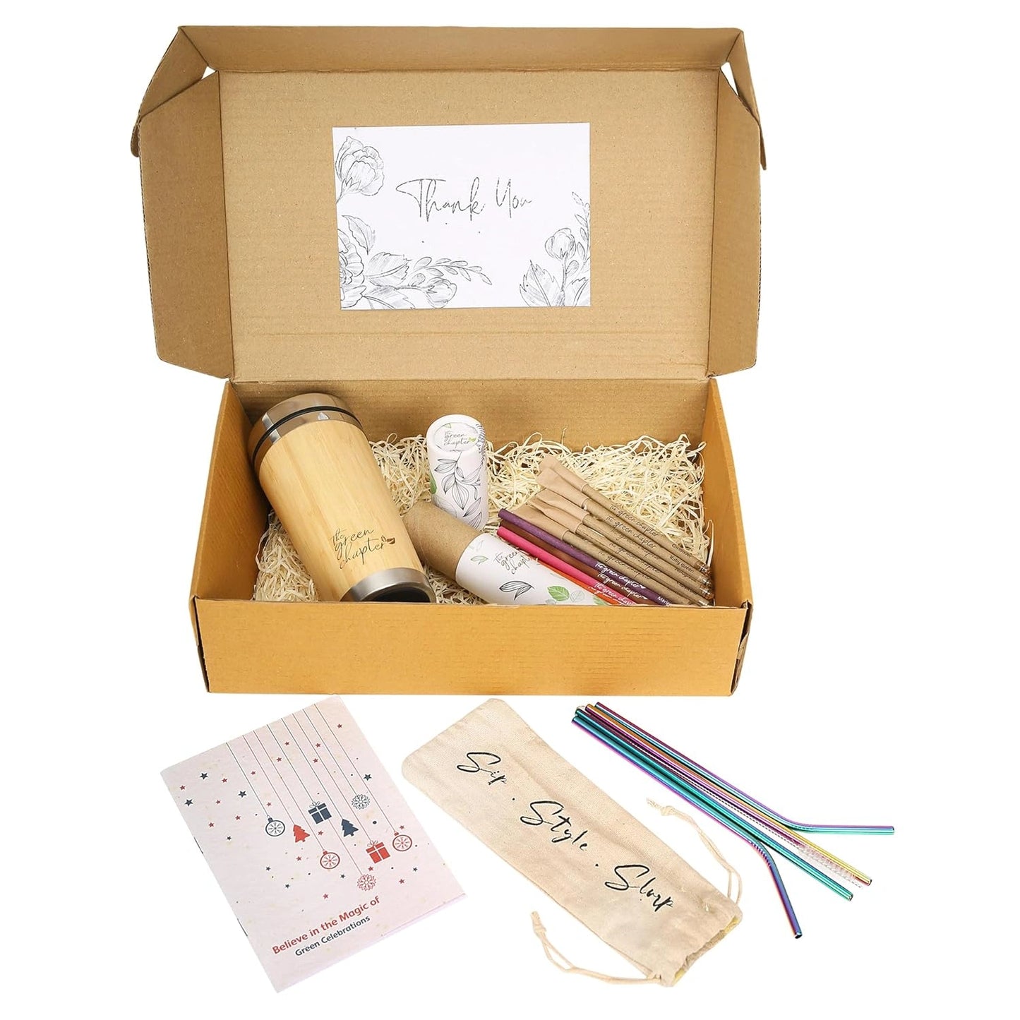 Ecofriendly gift set of Seed Paper Notebook, Travel Pouch with Steel Straws, Bamboo Coffee Travel Mug, and 5 Seed Pens + 5 Seed Pencils Set for Students,office and women colleague - THE GREEN CHAPTER