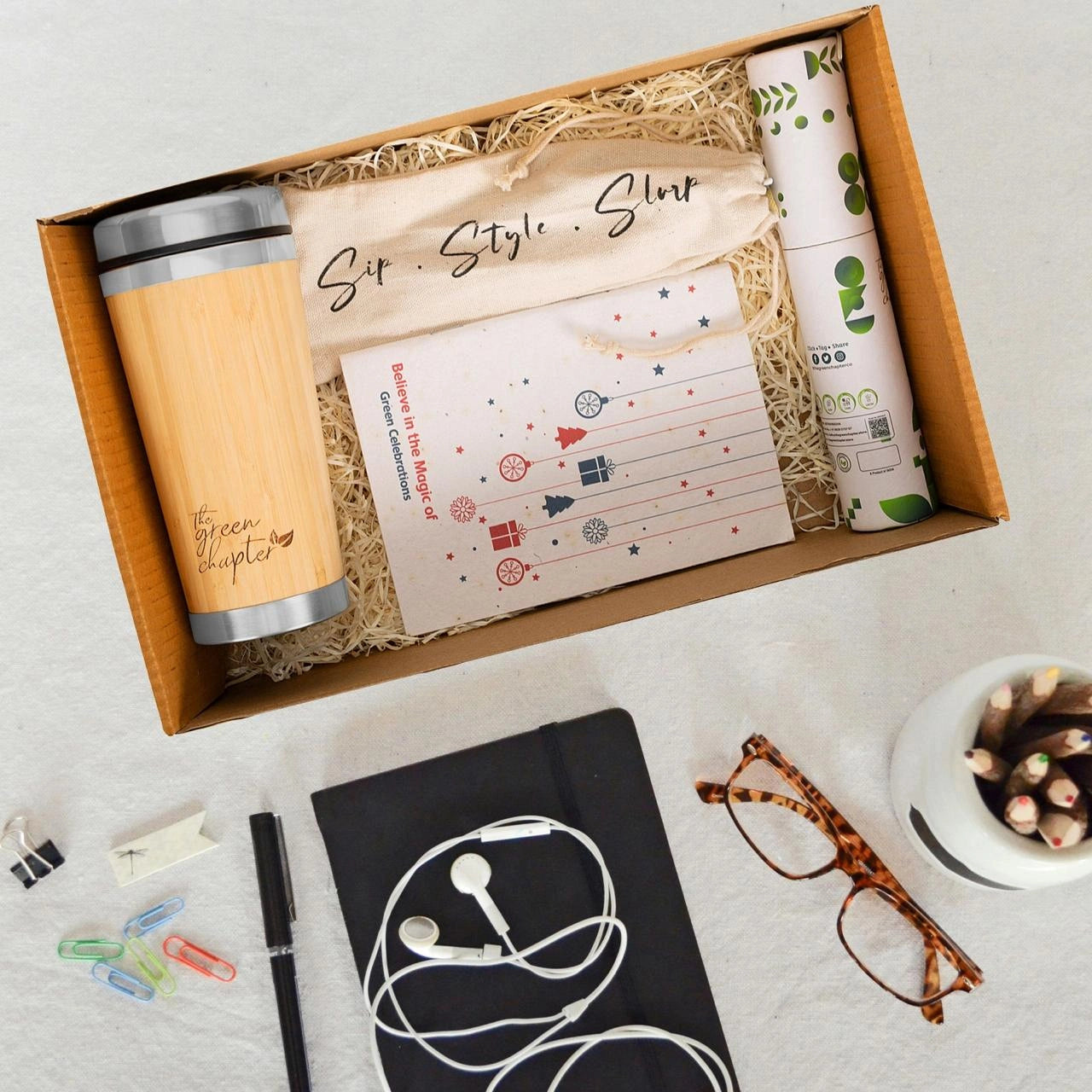 Ecofriendly gift set of Seed Paper Notebook, Travel Pouch with Steel Straws, Bamboo Coffee Travel Mug, and 5 Seed Pens + 5 Seed Pencils Set for Students,office and women colleague - THE GREEN CHAPTER