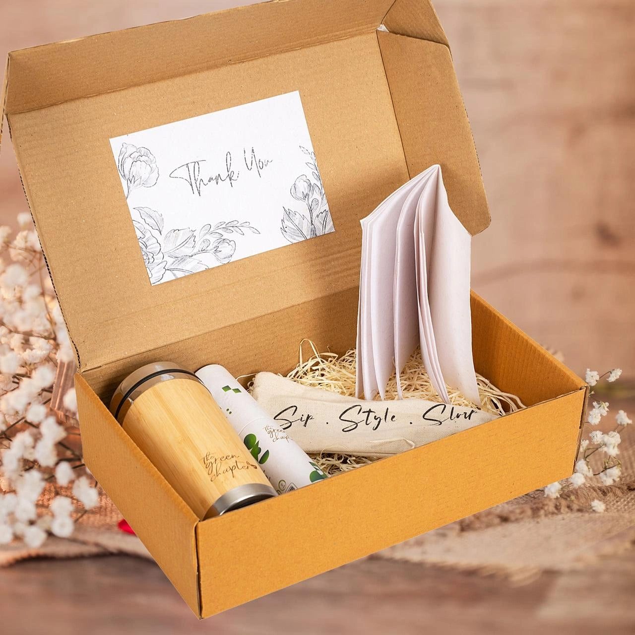 Ecofriendly gift set of Seed Paper Notebook, Travel Pouch with Steel Straws, Bamboo Coffee Travel Mug, and 5 Seed Pens + 5 Seed Pencils Set for Students,office and women colleague - THE GREEN CHAPTER