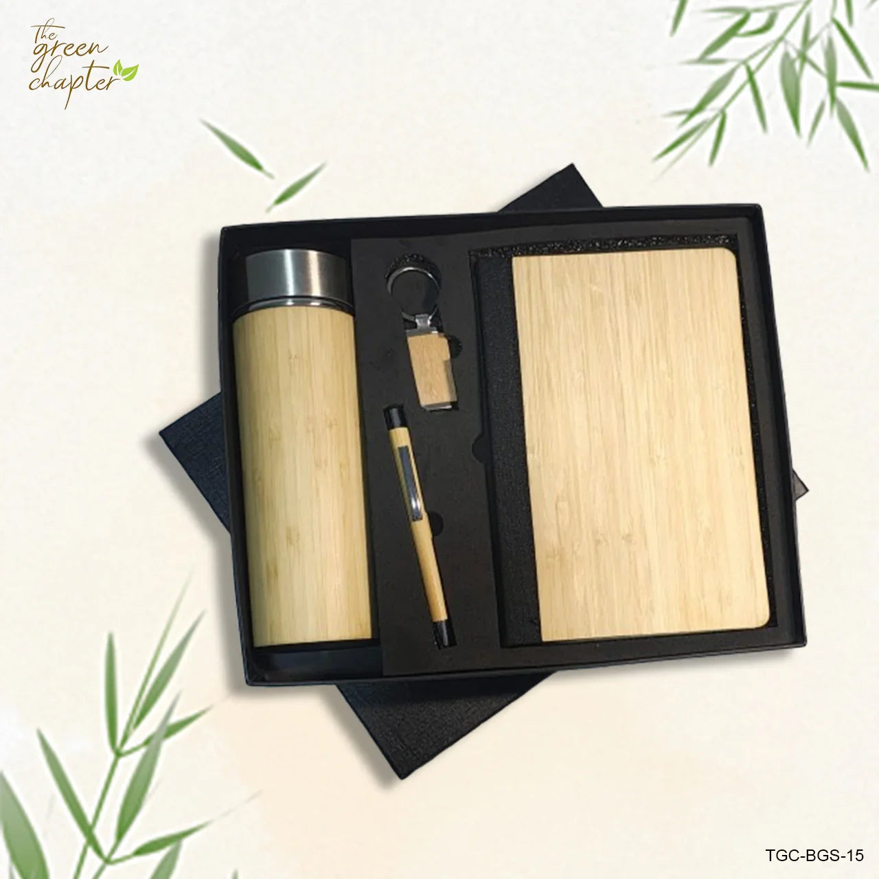 Eco-friendly corporate gift set with bamboo flask and diary
