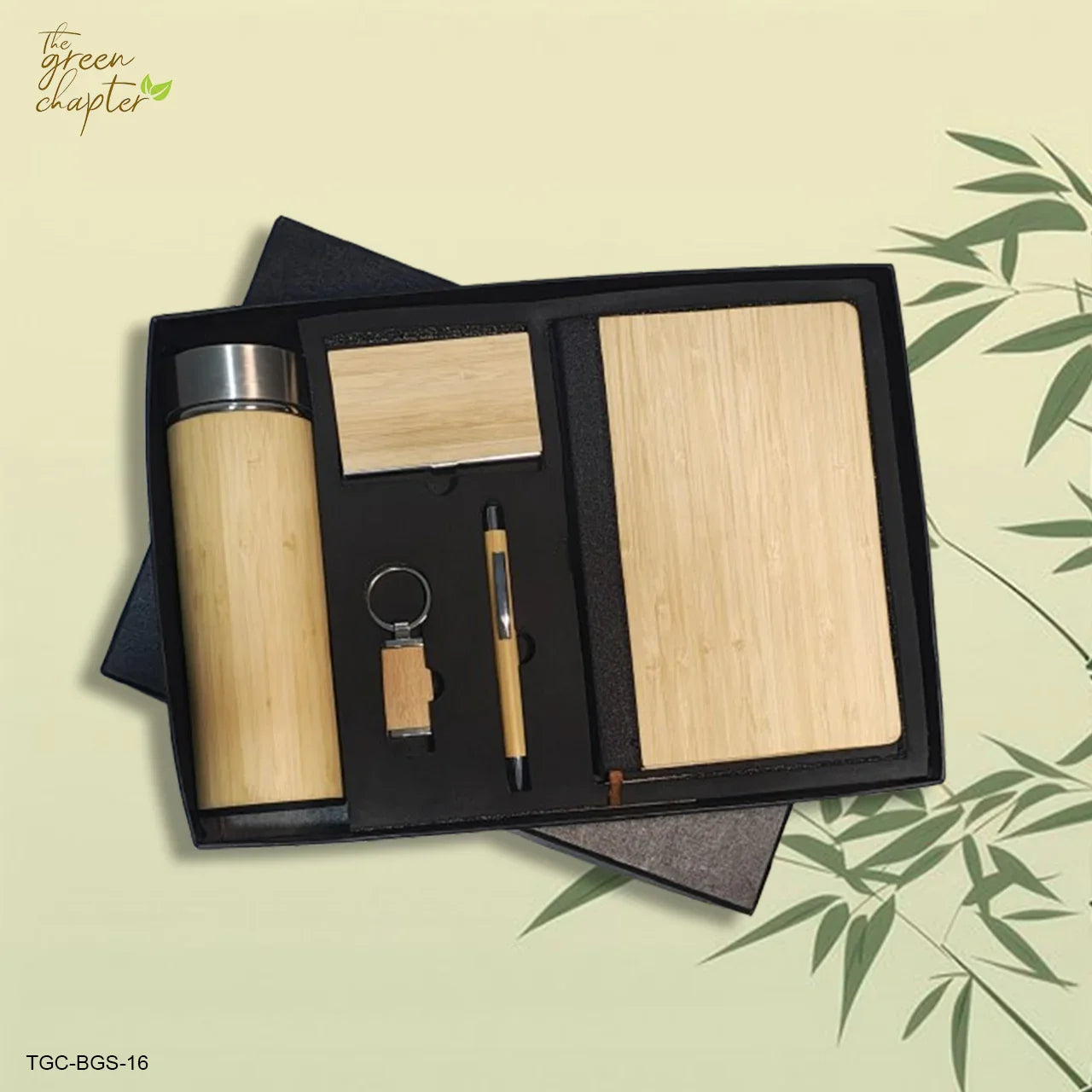 Premium bamboo gift set with insulated flask, notebook, and pen