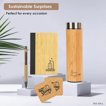 Sustainable Bamboo & Cork Office Set | Includes Bamboo Pen, Diary, Flask & Coaster | Perfect Eco Gift