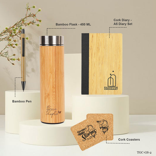 Sustainable Bamboo & Cork Office Set | Includes Bamboo Pen, Diary, Flask & Coaster | Perfect Eco Gift