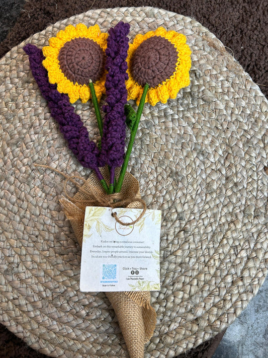 Crochet Sunflower & Lavender Bouquet Handmade Forever Flowers - THE GREEN CHAPTER