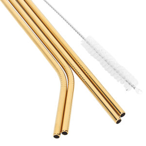 Metal Steel Straws Golden Stainless Steel Straw 5 - pcs Gift Set ( 2- Bend Straw, 2- Long Straw, 1- cleaning Brush )