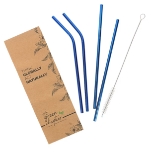 Steel Straw for Drinking Blue Set  Reusable Metal Straw 5-pcs ( 2- Bend Straw, 2- Long Straw, 1-cleaning Brush )